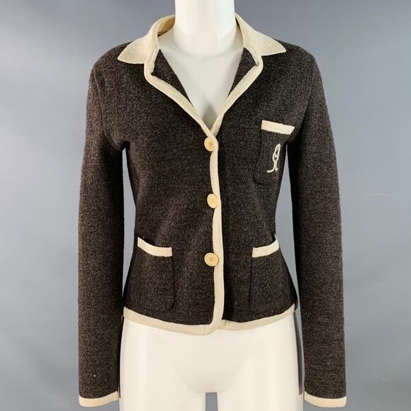 MOSCHINO Vintage Size M Brown Cream Wool Contrast Trim Single Breasted Cardigan - Picture 1 of 6